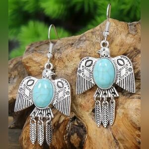 2/30$ Or 3/$35 Western Boho Aztec Silver Turquoise Bird Gift Earrings-(#342)